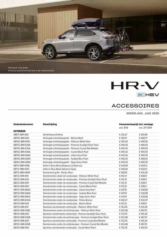 Honda HR-V e:HEV — Prijslijst Accessoires
