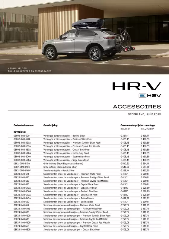 Honda HR-V e:HEV — Prijslijst Accessoires
