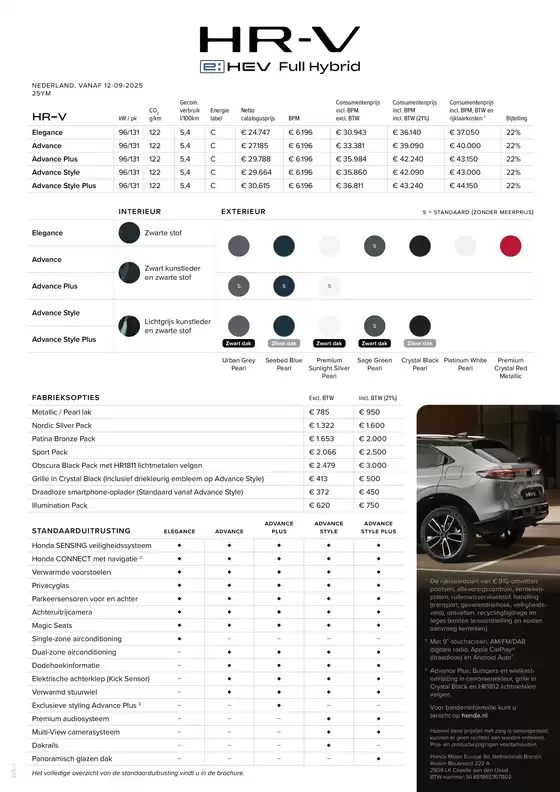 Honda HR-V e:HEV — Prijslijst