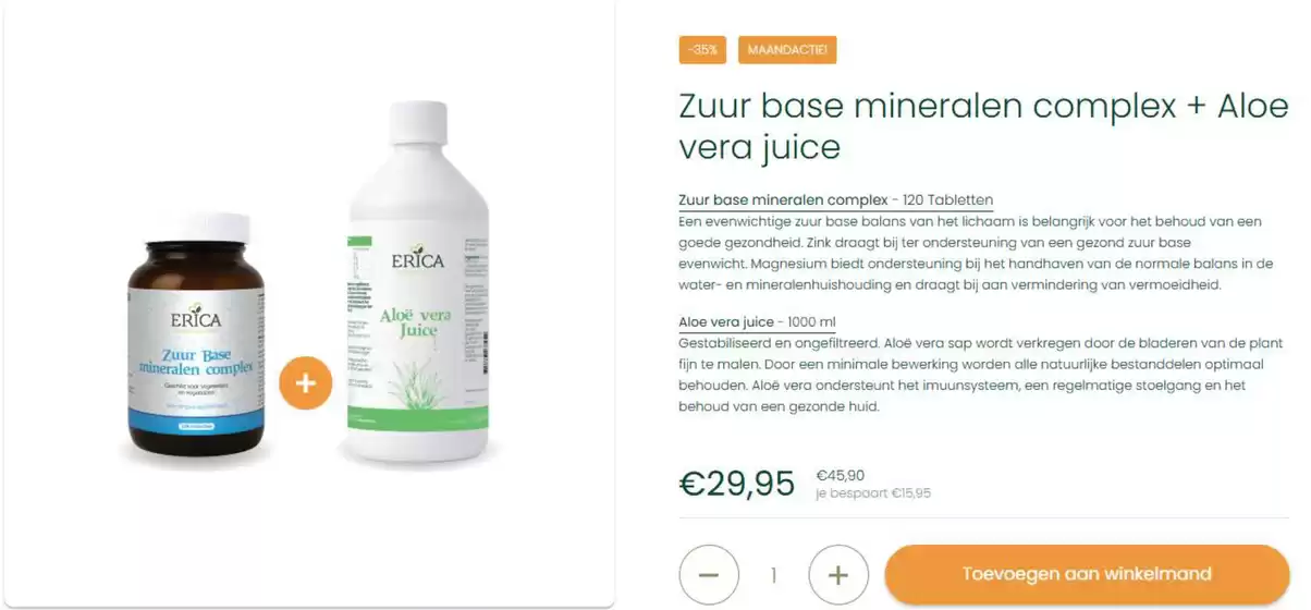 Catalogus van Erica Kruiderijen in Beek (Limburg) | Zuur base mineralen complex + Aloe vera juice | 2025-10-15T00:00:00.000Z - 2025-10-29T00:00:00.000Z