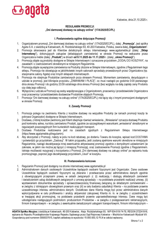 Katalog Agata Meble w: Poznań | Dni darmowej dostawy na zakupy online regulamin 17A 2025 PL | 2025-11-09T00:00:00.000Z - 2025-11-11T00:00:00.000Z