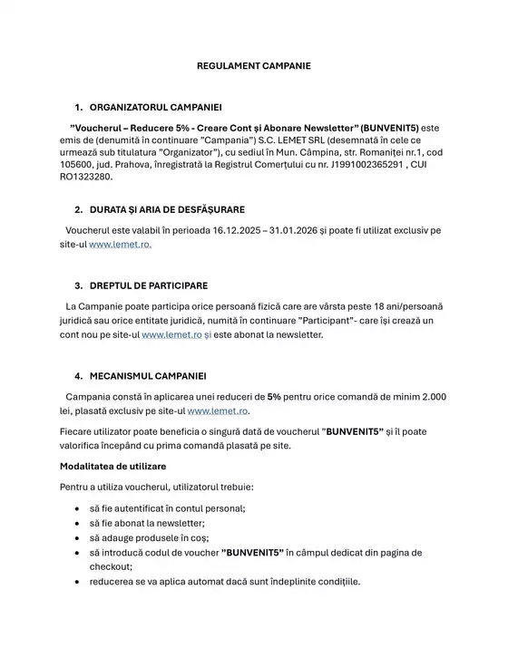 Catalog Lems Deva | Regulament campanie VOUCHER BUNVENIT5 | 2025-12-16T00:00:00.000Z - 2026-01-31T00:00:00.000Z