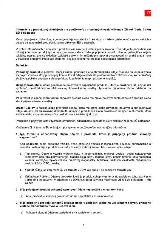 Katalóg Honda v Snina | Honda SLOVAKIA Connected Car Information Sheet.pdf | 2025-09-05T00:00:00.000Z - 2026-09-05T00:00:00.000Z