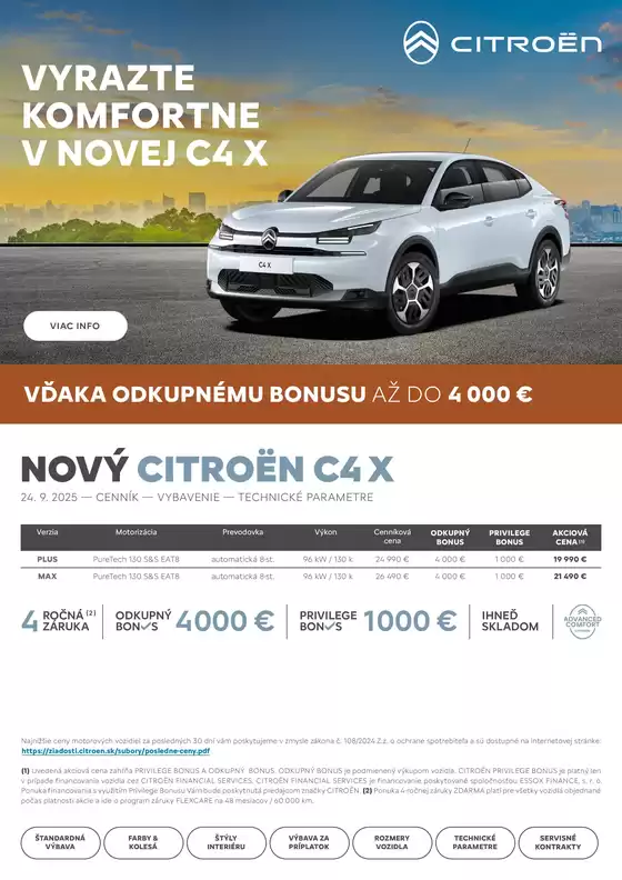 Katalóg Citroën v Námestovo | CENNÍK Nová C4 X | 2026-01-01T00:00:00.000Z - 2026-12-31T00:00:00.000Z