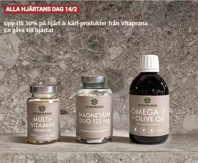Bodystore-katalog | Upp till 30% på hjärt & kärl-produkter från Vitaprana. En gåva till hjärtat | 2026-02-10T00:00:00.000Z - 2026-02-14T00:00:00.000Z