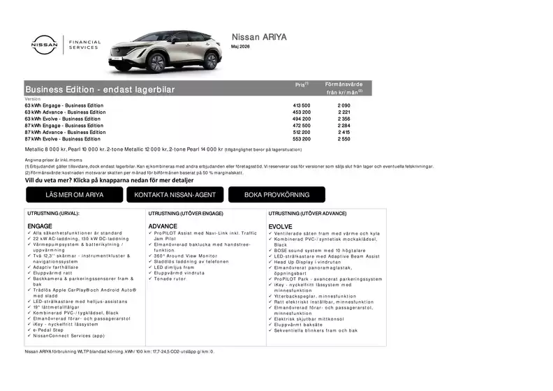 Nissan-katalog | Nissan Business Edition Prislista maj 2026 ARIYA | 2026-05-01T00:00:00.000Z - 2026-05-31T00:00:00.000Z
