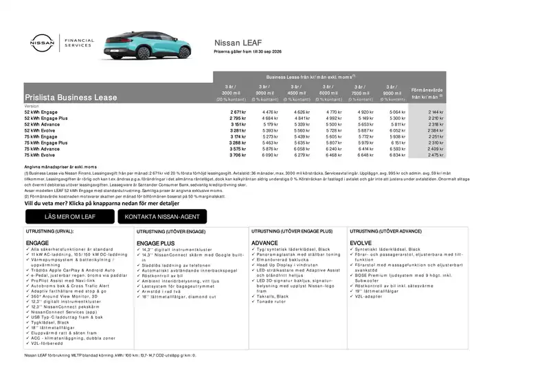 Nissan-katalog | LEAF Business Lease Prislista | 2026-07-02T00:00:00.000Z - 2026-09-30T00:00:00.000Z