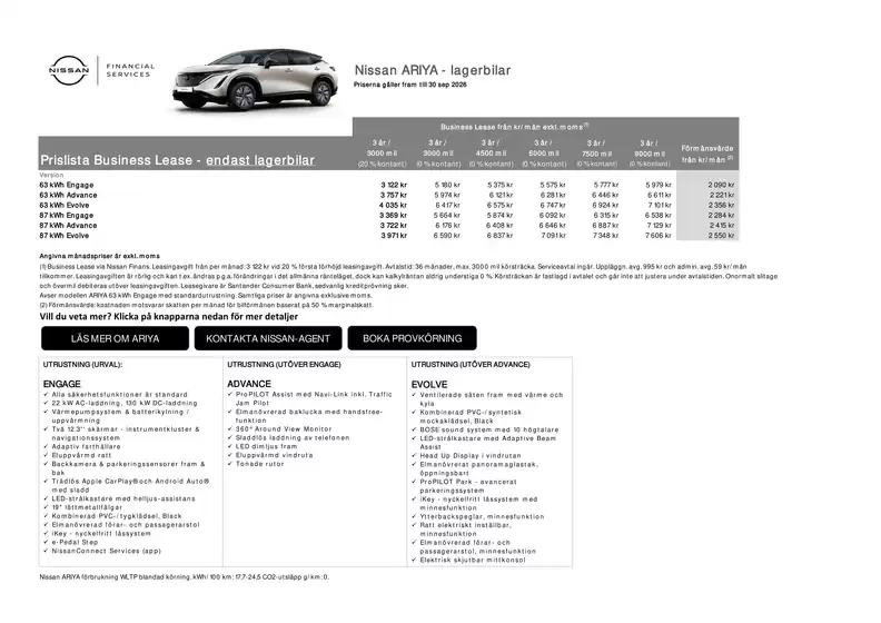 Nissan-katalog | ARIYA lagerbilar Business Lease Prislista | 2026-07-02T00:00:00.000Z - 2026-09-30T00:00:00.000Z