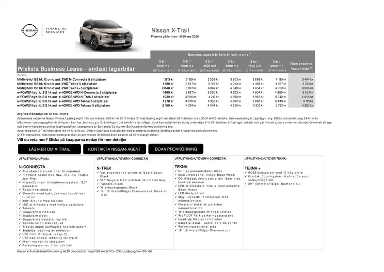 Nissan-katalog | X Trail lagerbilar Business Lease Prislista | 2026-09-02T00:00:00.000Z - 2026-09-30T00:00:00.000Z