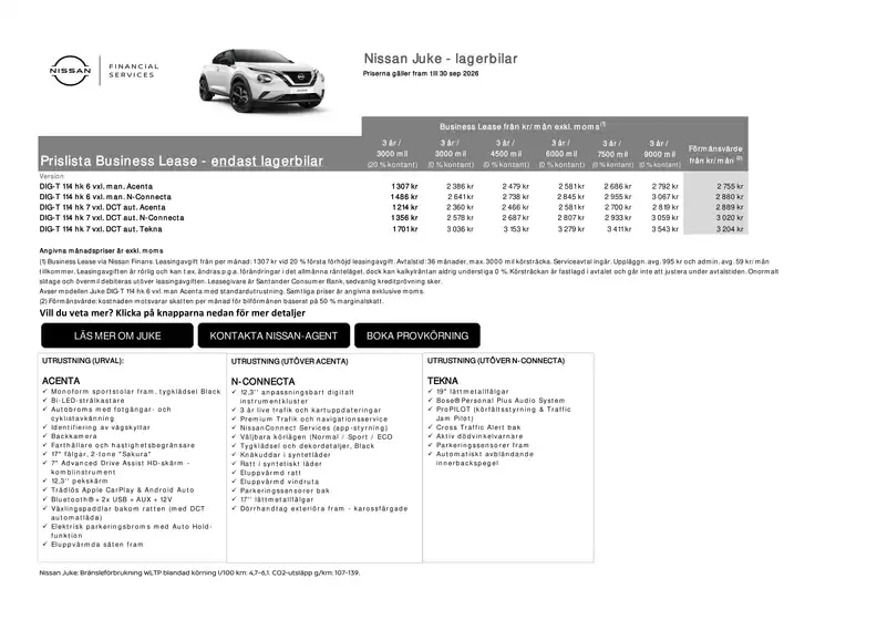 Nissan-katalog | Juke lagerbilar Business Lease Prislista | 2026-09-02T00:00:00.000Z - 2026-09-30T00:00:00.000Z