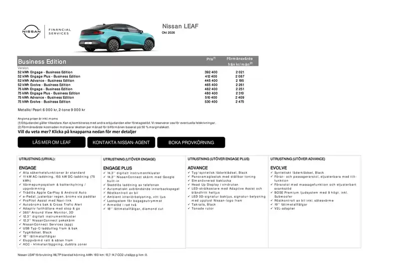 Nissan-katalog | LEAF Business Edition Prislista | 2026-10-01T00:00:00.000Z - 2026-10-31T00:00:00.000Z