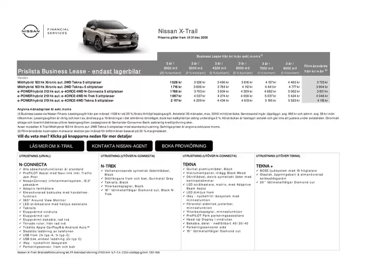 Nissan-katalog | X Trail lagerbilar Business Lease Prislista | 2026-10-02T00:00:00.000Z - 2026-12-31T00:00:00.000Z