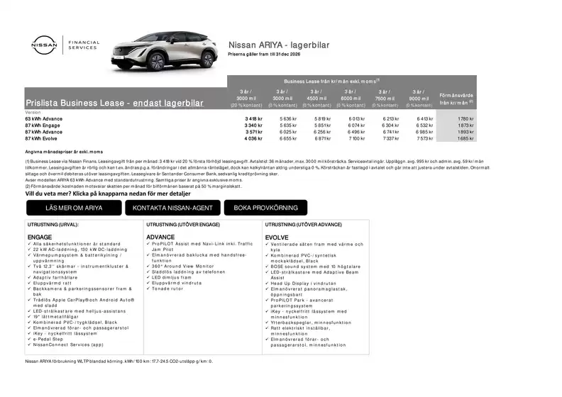 Nissan-katalog | ARIYA lagerbilar Business Lease Prislista | 2026-10-02T00:00:00.000Z - 2026-12-31T00:00:00.000Z