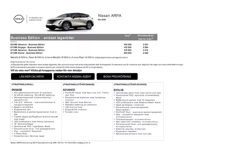 Nissan-katalog | ARIYA lagerbilar Business Edition Prislista | 2026-10-01T00:00:00.000Z - 2026-10-31T00:00:00.000Z