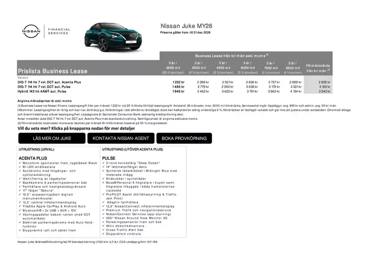 Nissan-katalog | Juke MY26 Business Lease Prislista | 2026-10-02T00:00:00.000Z - 2026-12-31T00:00:00.000Z