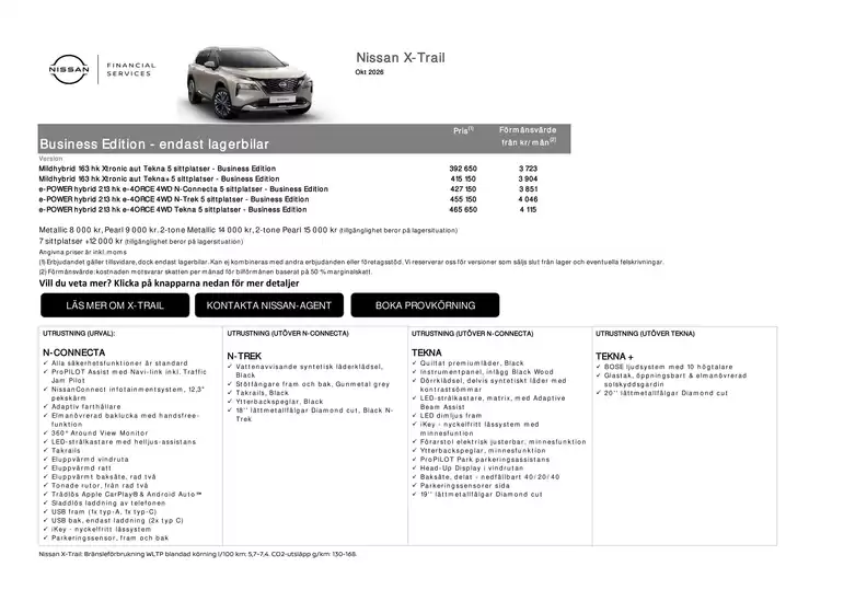 Nissan-katalog | X Trail lagerbilar Business Edition Prislista | 2026-10-01T00:00:00.000Z - 2026-10-31T00:00:00.000Z